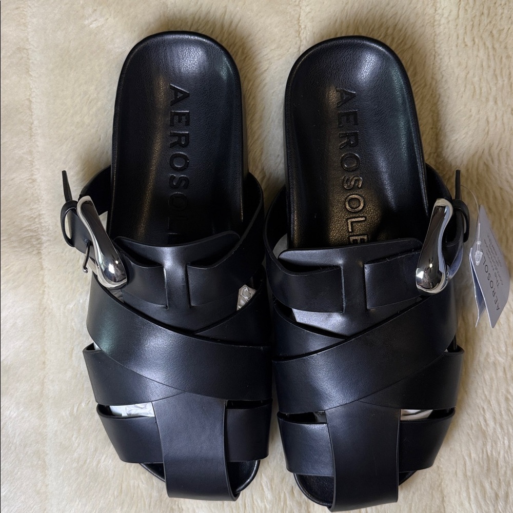 Aerosoles Liberty Fisherman Leather Mules Black Slip On Shoes Ladies 8M - Picture 3 of 16